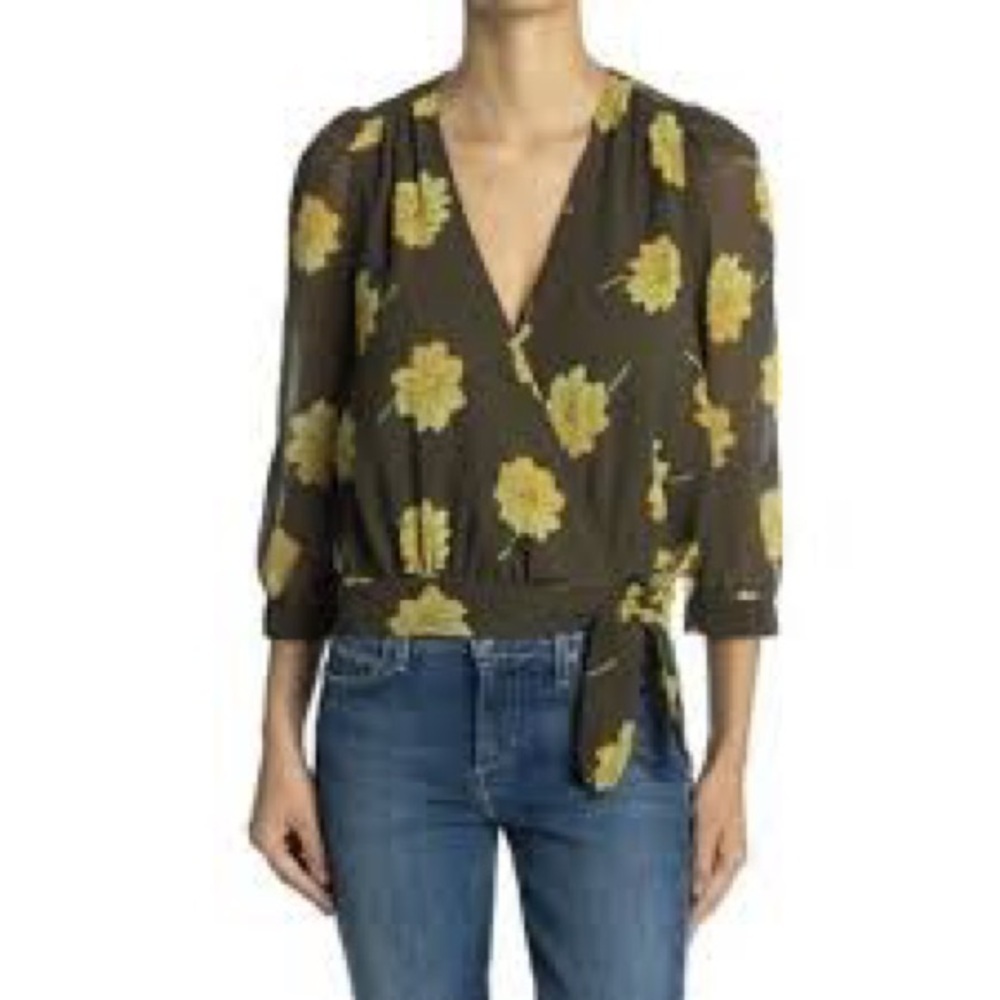 Madewell Olive Yellow Floral Wrap Snap Tie Blouse SZ S